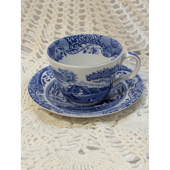 Spode Blue Italian Tea Cup and Saucer Made in England Blue White Transferware
