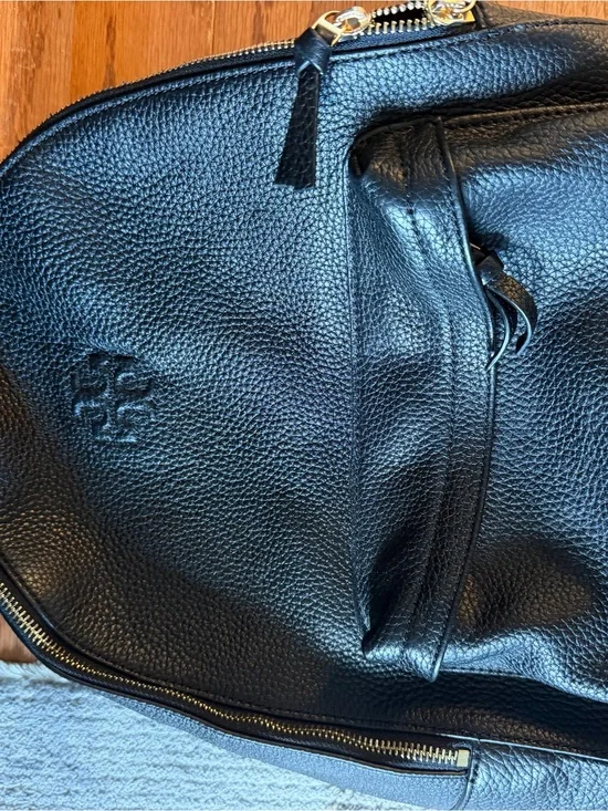 Tory Burch Black Pebbled Leather Backpack with Front Zip Pocket
