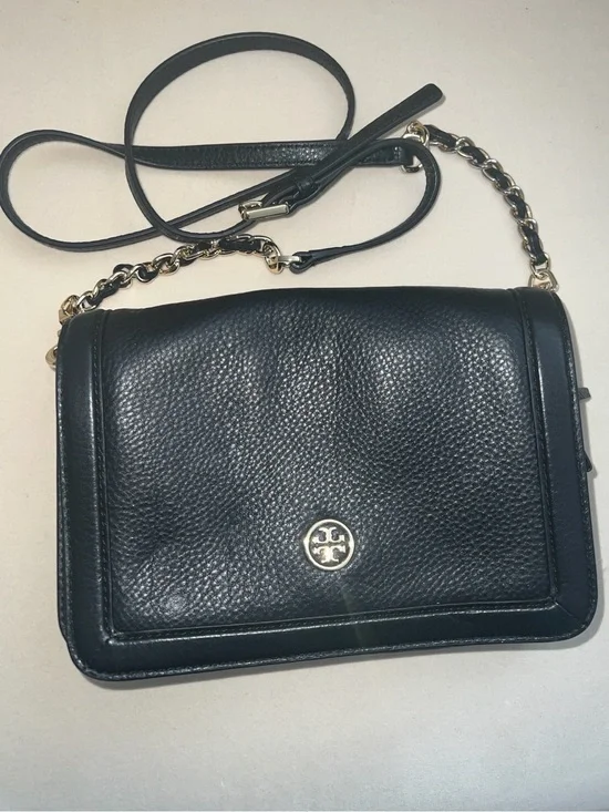 Tory Burch Black Pebbled Leather Chain-Accent Crossbody