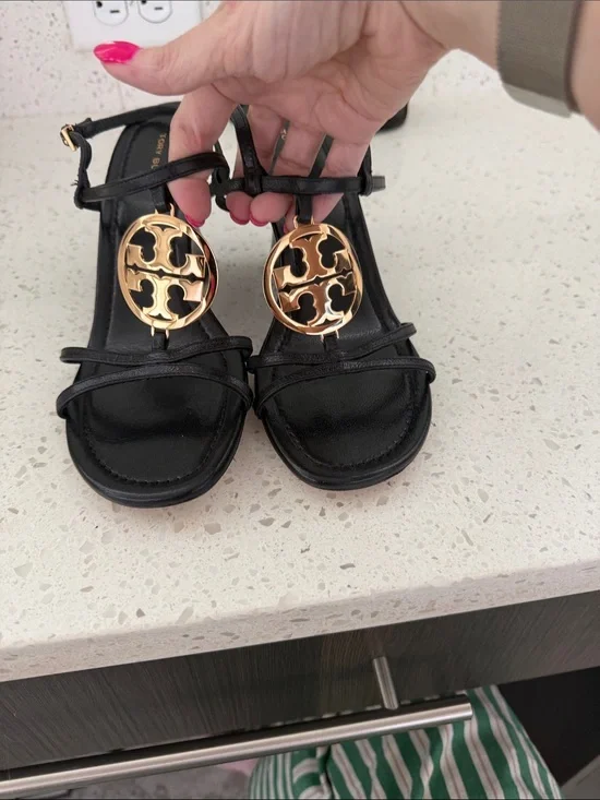 Tory Burch Capri Miller Strappy Wedge Sandals Perfect Black Gold Medallion