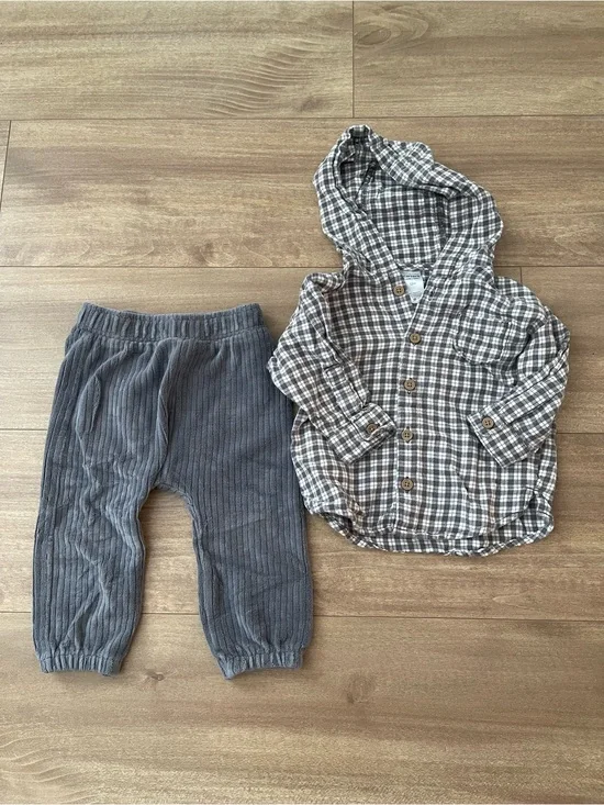 Baby Hooded Plaid Flannel Shirt and Corduroy Pants Outfit Set in Gray Size 12M