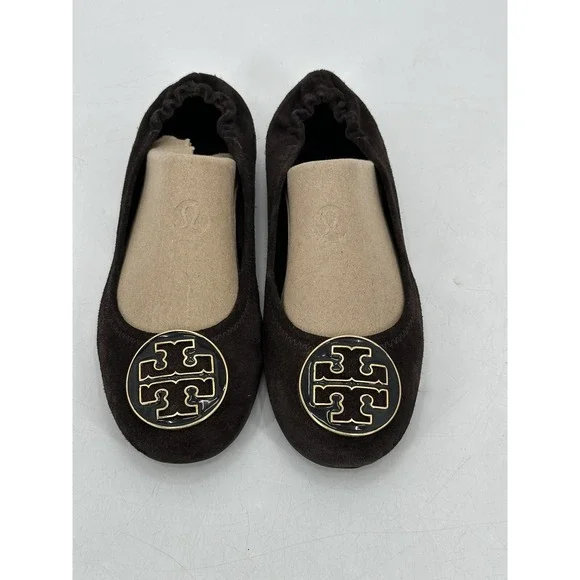 Tory Burch‎ Suede Brown Ballet Flat Women's Size 6.5 Large Logo Decor