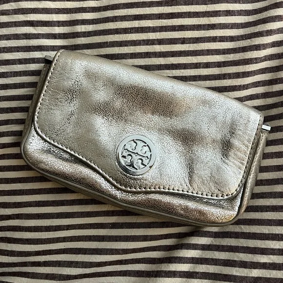 Tory Burch Metallic Taupe Leather Flap Wristlet