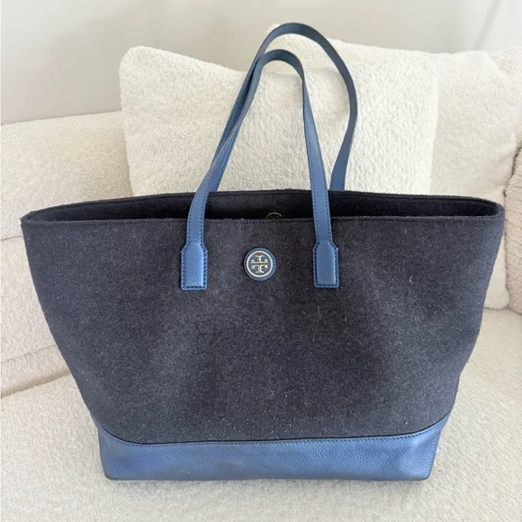 Tory Burch Emma Gray Wool & Metallic Blue Leather Tote‎ Bag