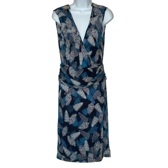 Tory Burch Silk Dress S‎ Blue Coastal Resort Sea Shells Gold Buttons Faux Wrap