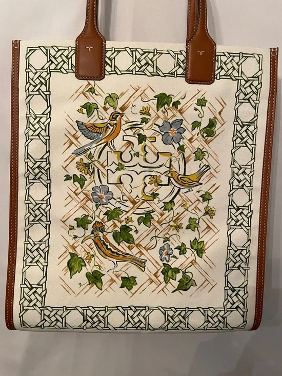Tory Burch Ella Floral & Bird Canvas Tote cream with Brown‎ Trim