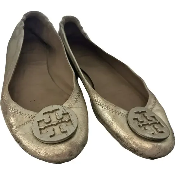 Tory Burch Flats Women’s Sz 9 M Minnie Travel Ballet Shoes Gold leather‎