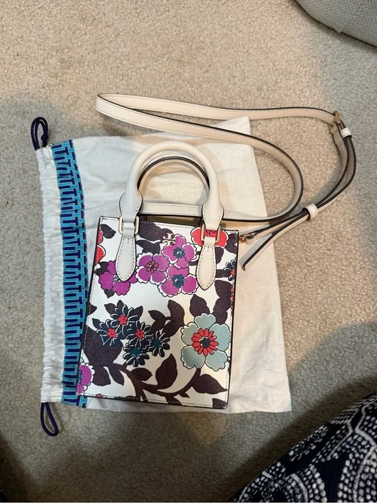 White Floral Tory Burch Crossbody mini Tote Bag with Pink & Teal Accents