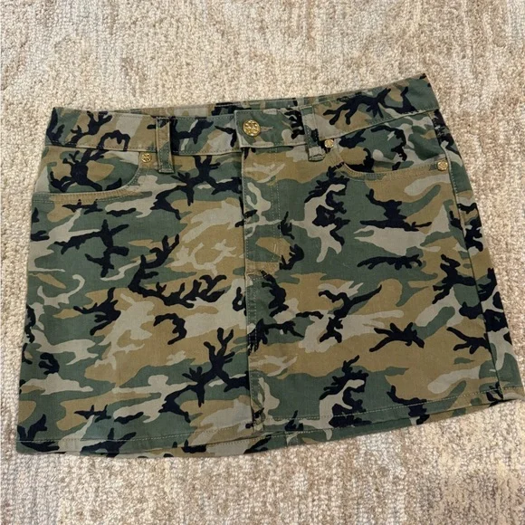 Tory Burch Camo denim Gold Logo Hardware Mini‎ Skirt pockets Cute 27 S M
