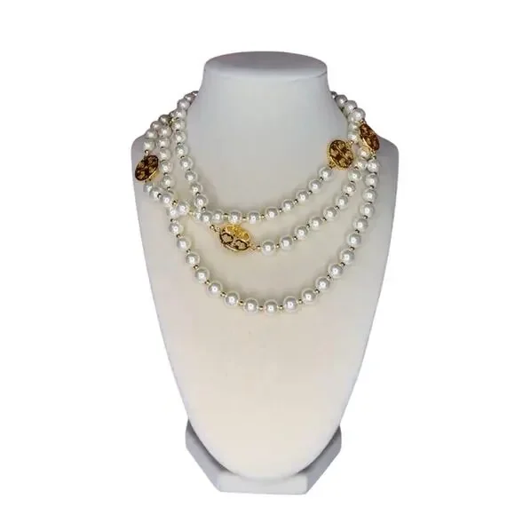 Tory Burch Evie Single Strand Faux Pearl & Logo Necklace NWOT