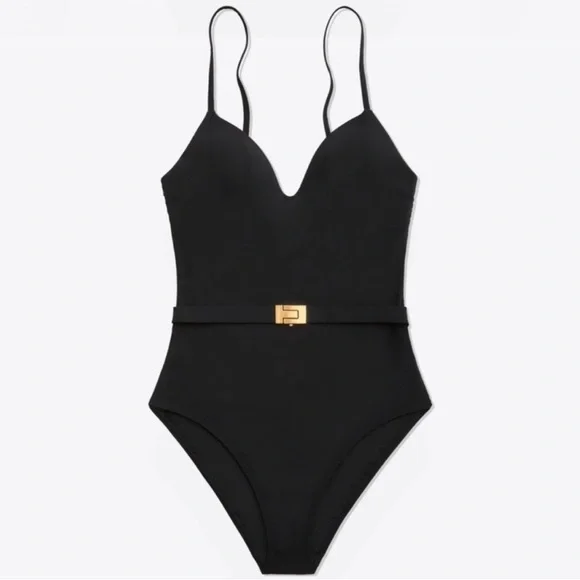 Tory Burch T Belt Gold Logo One Piece Swimsuit Black