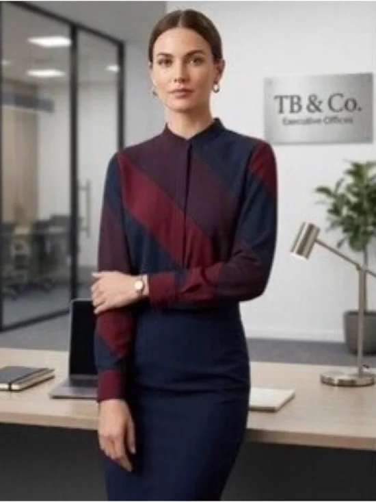 Tory Burch Long Sleeve Diagonal Stripe Button Shirt Burgundy and Navy chic