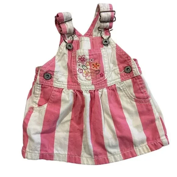 OshKosh B'gosh VTG Vestbak 6mos Pink White Striped Overall Dress Embroidered EUC