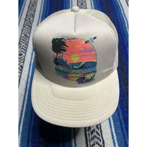 Vintage 80s 90s JR Headwear Neon Surf Sunset Mesh Trucker Hat Snapback OSFA