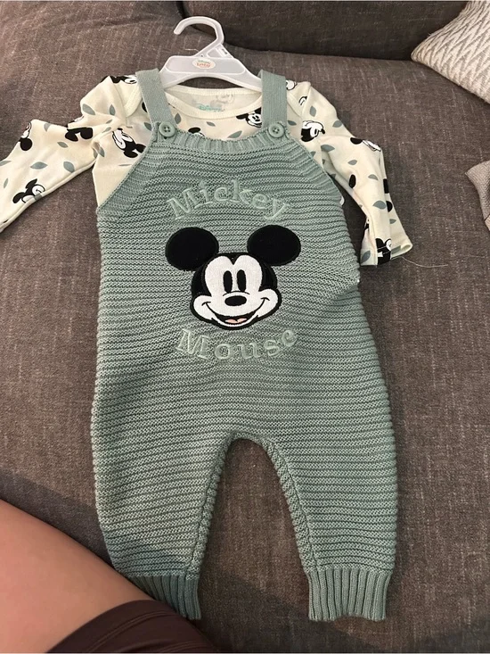 Disney Knit Mickey Overalls Set - Sage Green and Cream