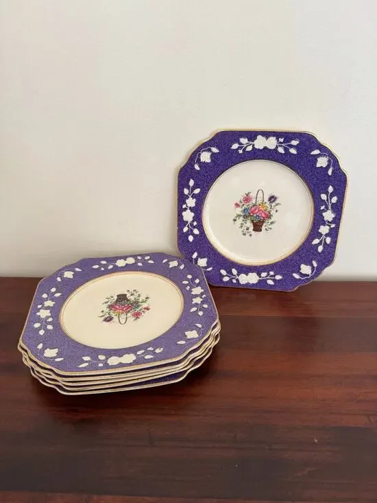 Wedgwood & Co Ltd Queens Ivory England 6 Purple Plates Floral Basket Vintage