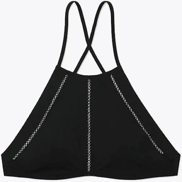 NWT Tory Burch Solid Lattice High-Neck Swim Top, Black Size XS