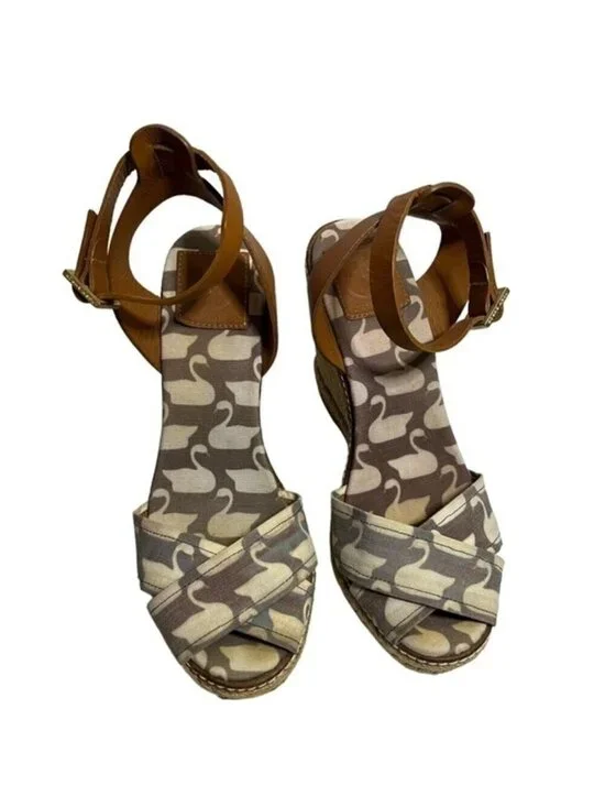 Tory Burch Swan Espadrille Wedge Sandals Ankle Strap Women's Size 8 B