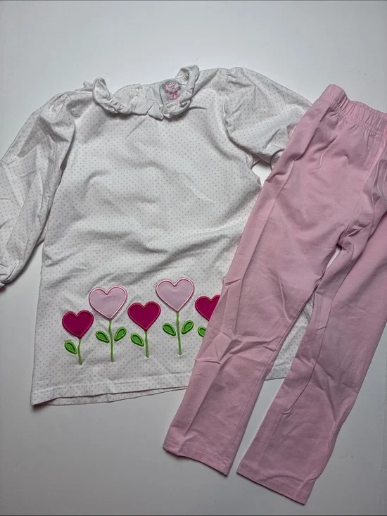 Kids Pink Heart Flower Set - Long Sleeve Top & Leggings