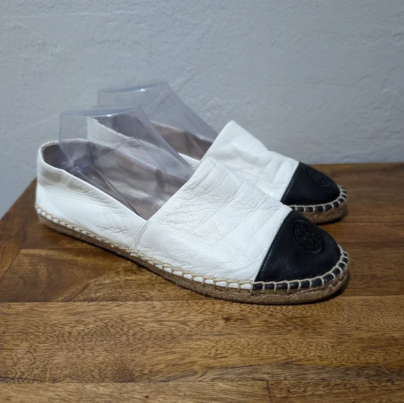 Tory Burch ColorBlock White & Black Cap‎ Toe Nappa Leather Espadrille Flats 10