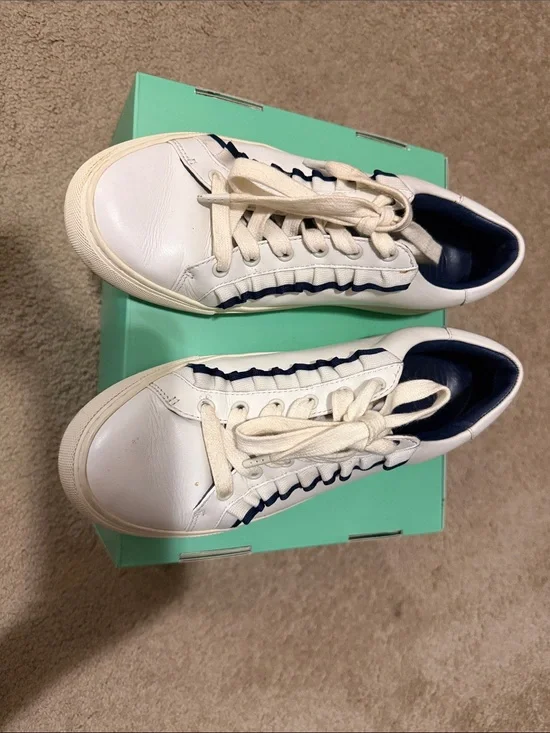 Tory Burch White Leather Sneakers with Navy Trim