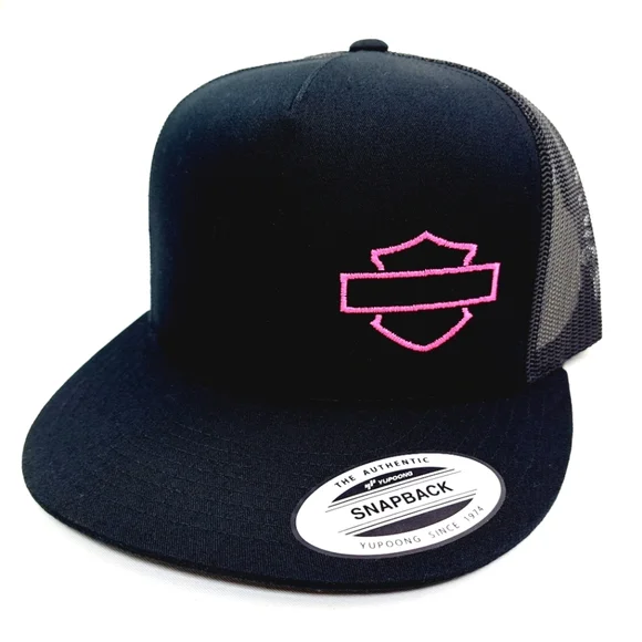 Harley Bar & Shield Flat Bill Snapback Baseball Cap Hat Black Embroidered
