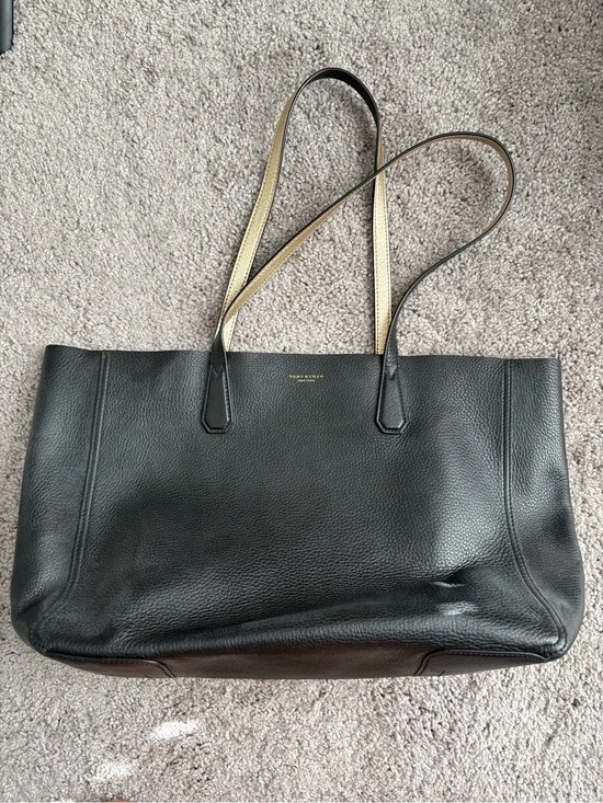 Tory Burch Black Leather Tote with Gold-Trim Straps
