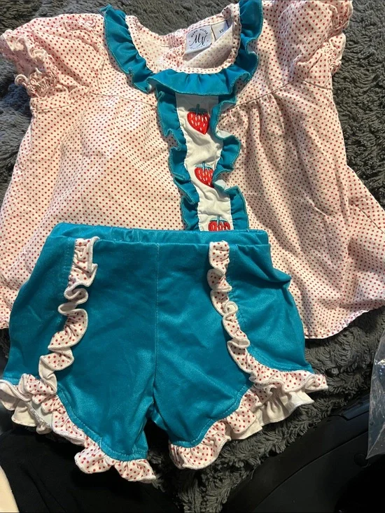 My Brand Teal & White Strawberry Ruffle Kids Matching Set