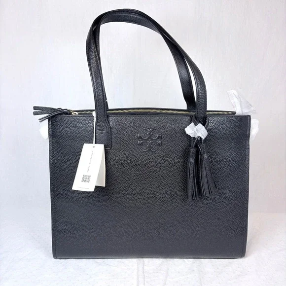 Tory Burch Thea Leather Tote Black Pebbled Leather 3 Compartment Bag Auth. NEW