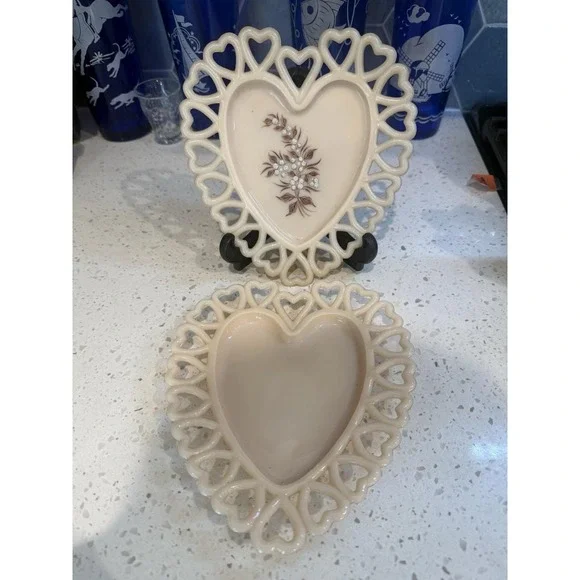 2 Westmoreland Almond Cream Heart Plate Lace Hand Painted Mid Century Milk Glass