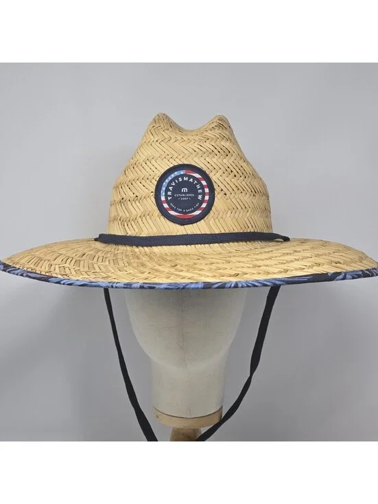 TravisMathew Straw Lifeguard Sun Hat Wide Brim Chin Strap Blue Trim New One Size