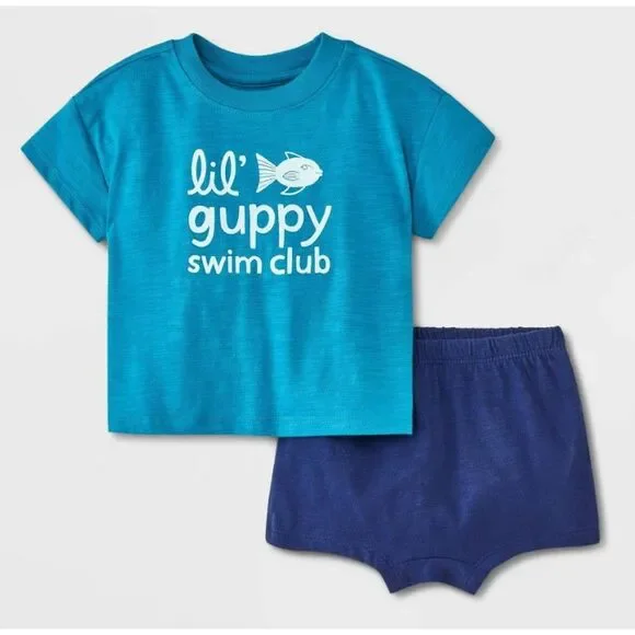 NEW Infant Boys Sz 6-9 Months Blue 'LIL GUPPY SWIM CLUB' Shirt & Shorts 2 Pc Set