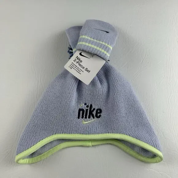 Nike Infant 2 Piece Knit Hat Gloves Set Gray Neon Green Logo NWT