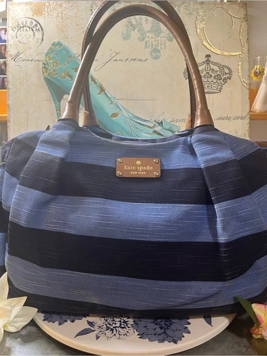 kate spade Blue and Navy Striped Tote with Brown Handles