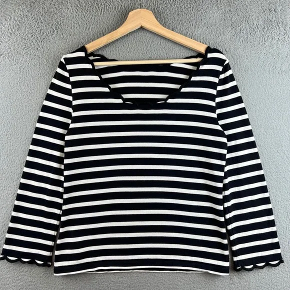 Kate Spade Black White Striped Scalloped Neck Long Sleeve Cotton Top Nautical T
