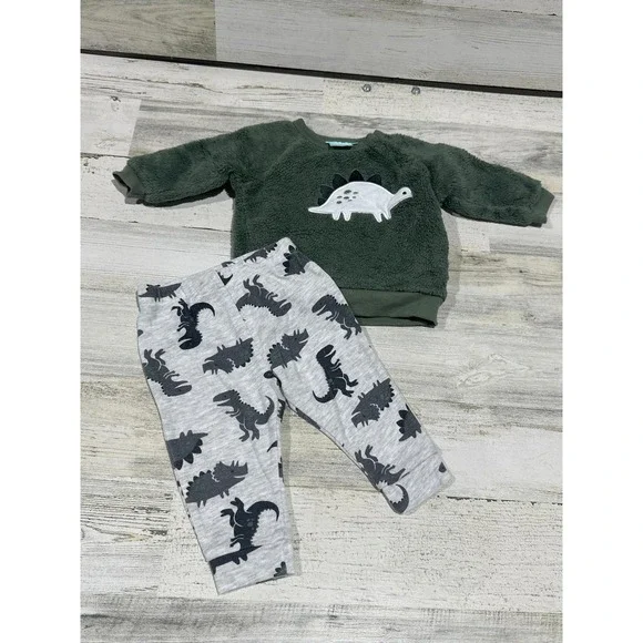 Pekkle Outfit Set Baby Boys 6M Green Dinosaur‎ Sherpa Fleece Joggers EUC