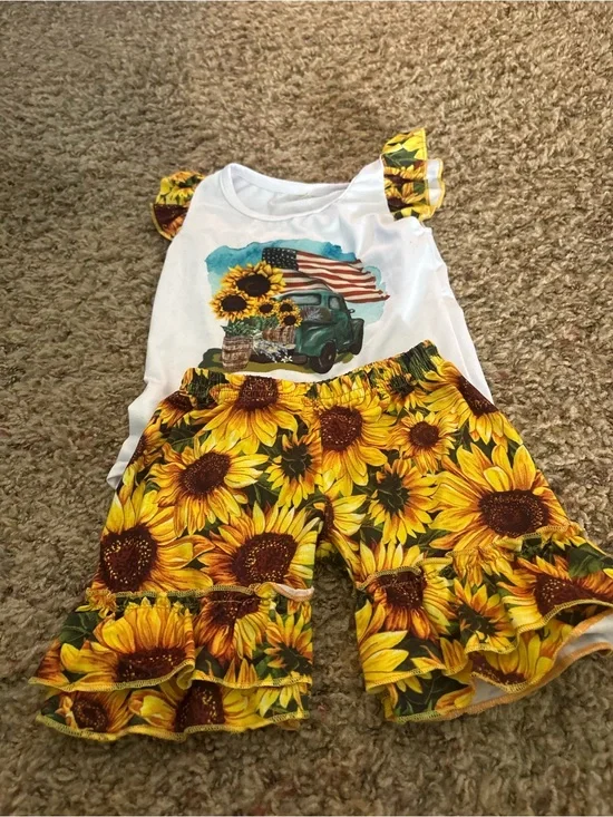 Girls Sunflower Ruffle Shorts Matching Set - Yellow Sunflower
