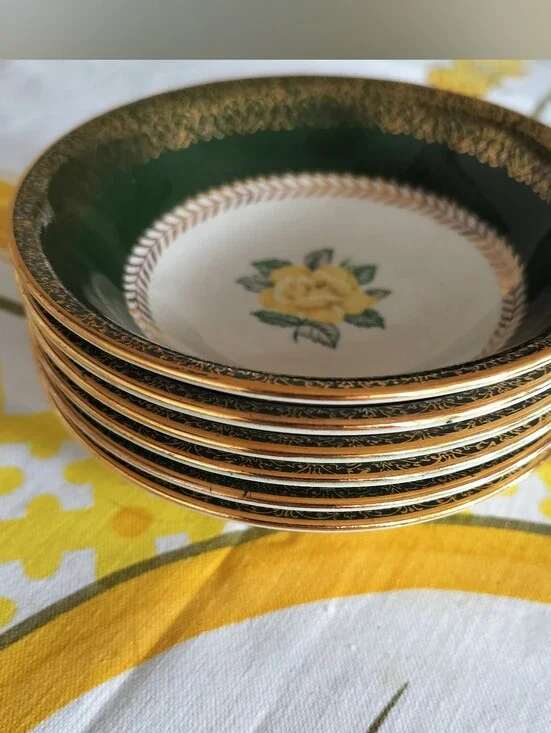 Homer Laughlin 6 Lady Greenbriar Berry Bowls Green Gold Filigree Rose 1952-1953