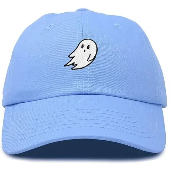 Unisex Light Blue 100% Cotton Ghost Embroidered Adjustable Buckle Baseball Cap