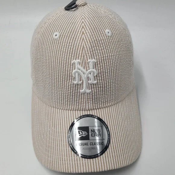 New York Mets Hat Strapback New Era Beige White MLB Seersucker Casual Classic