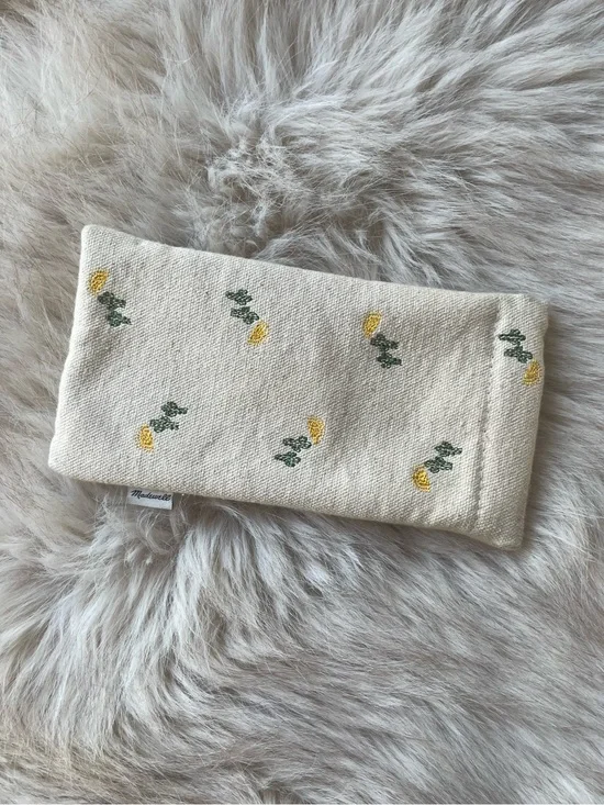 Madewell Cream Soft Sunglasses Case with Yellow Sun and Green Cacti Embroidery