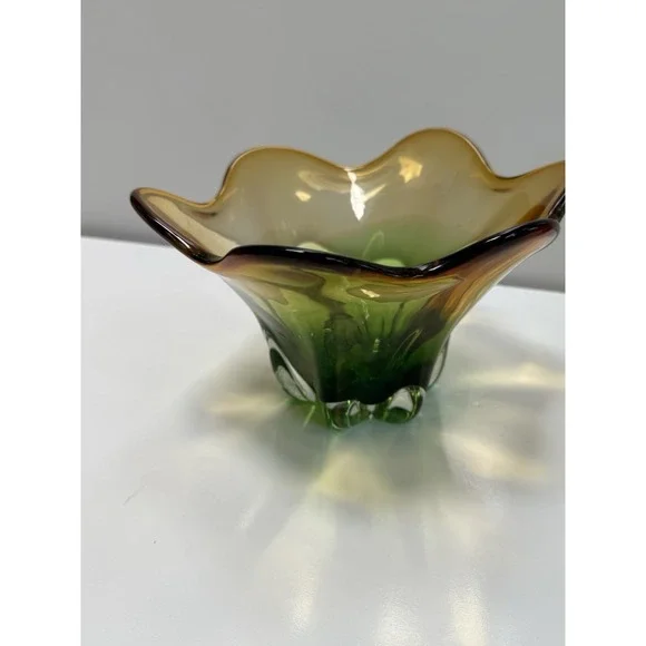 Vintage Hand Blown Murano Swirl Modernist Swung Art Glass Bowl  Amber & Green
