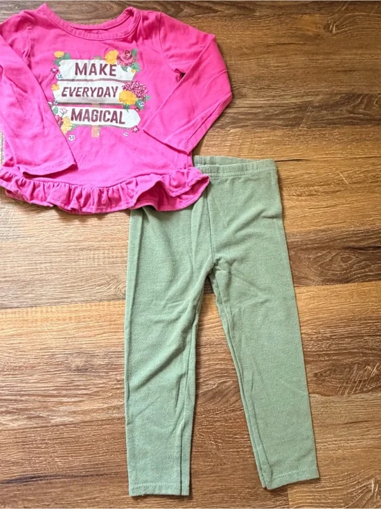 🌸 Garanimals Girls 2T Pink Floral Top + Green Leggings Outfit