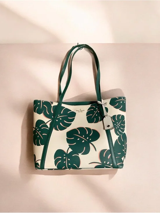 kate spade Cream Tote with Green Leaf Print