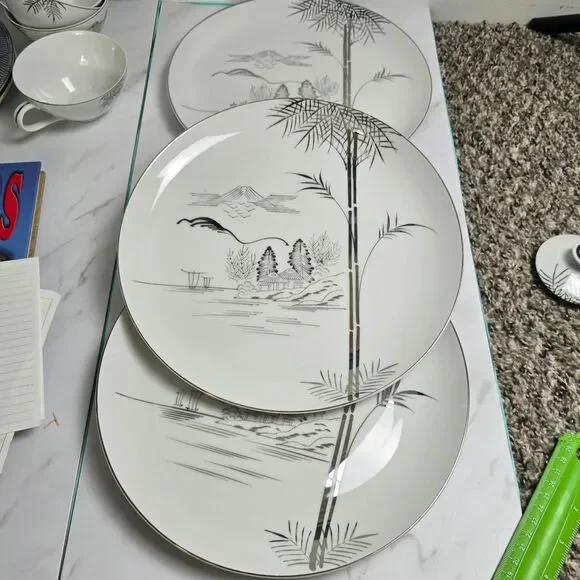 Vintage Meiyo China Nippon 1940s Silver Lithopane set of 4 plate 10 inch