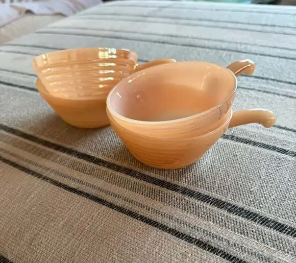 Set of 4 Vintage Fire-King Peach Luster Beehive Handled Soup Bowls