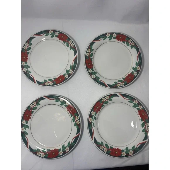 🎄Set of 4 Tienshan Fine China Deck the Halls Christmas Dinner Plates Poinsettia