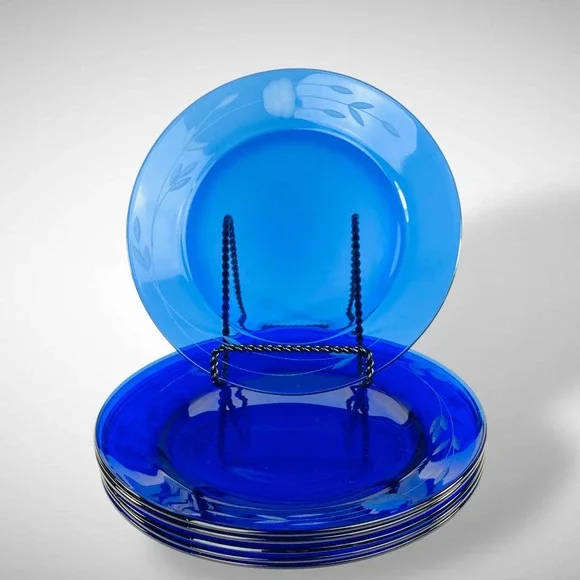 Princess House Heritage Blue Glass 8 Inch Salad Plates Set of 6 Vintage‎ 1974