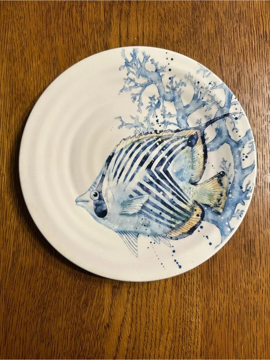 Pier 1 Sea Life Fish Salad Plate 9” Ironstone Coastal Nautical Blue Dessert