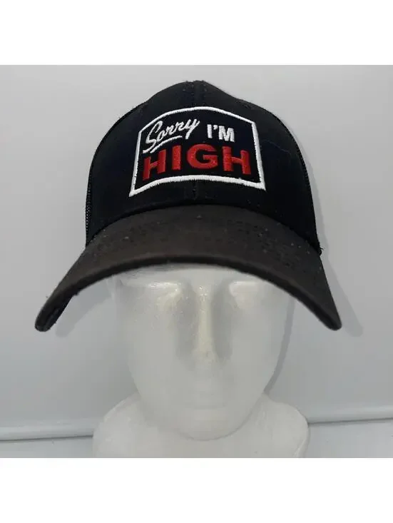 Sorry I’M HIGH Black Trucker Hat Cap Black Mesh SnapBack